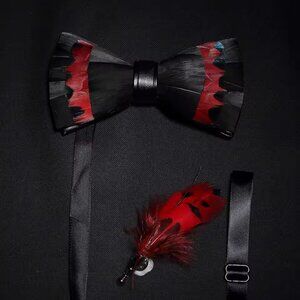 Feather Bow Tie Set Black & Red Formal Bowtie with Lapel Pin - NEW